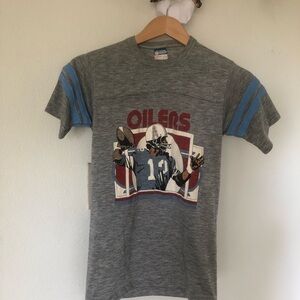Vintage NFL Oilers Grey Tee with Blue Sleeve Stripes and Red Logo